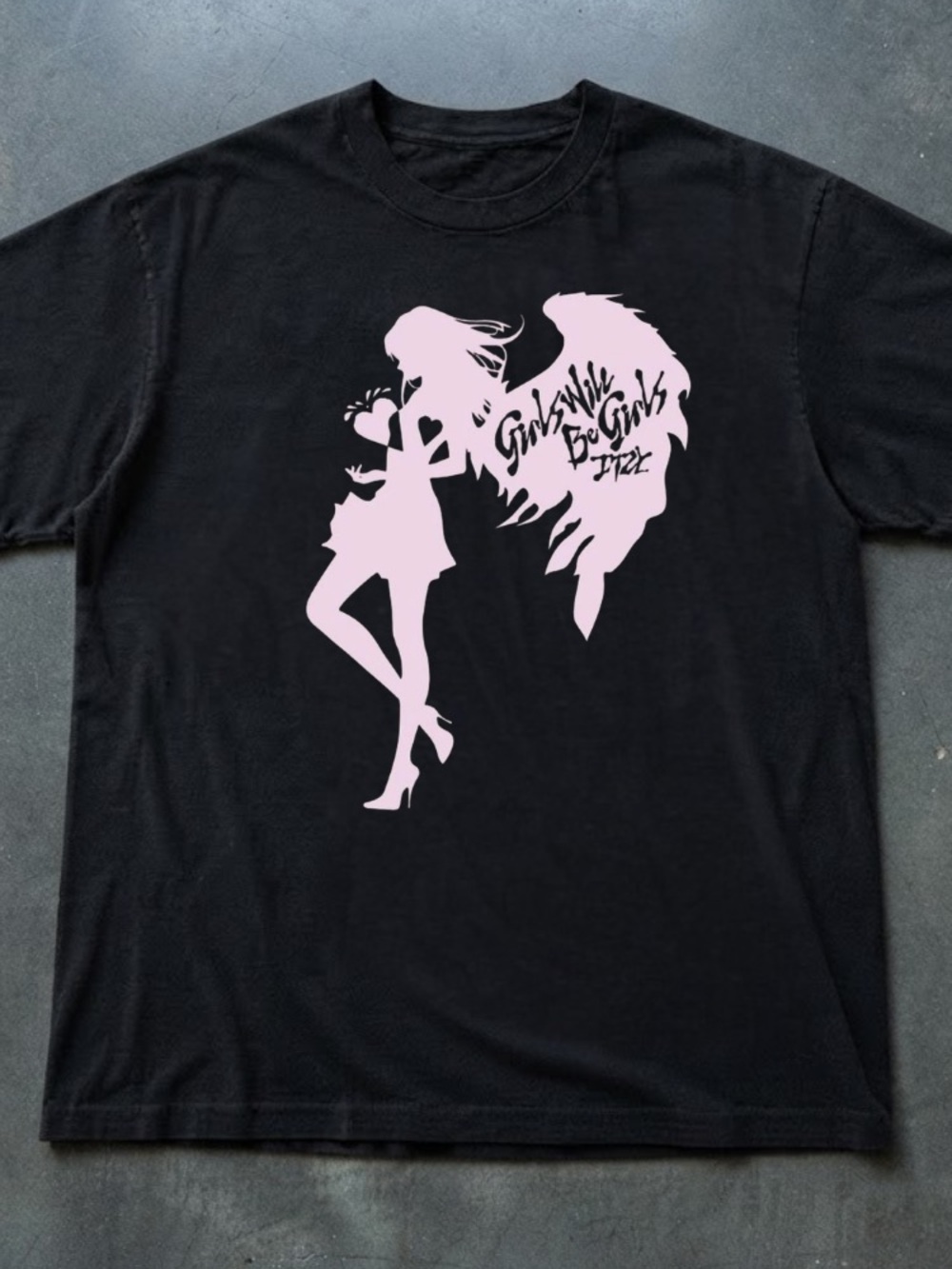 Girls Will Be Girls Itzy Angel Wings Heart Pink Vintage Black T-Shirt